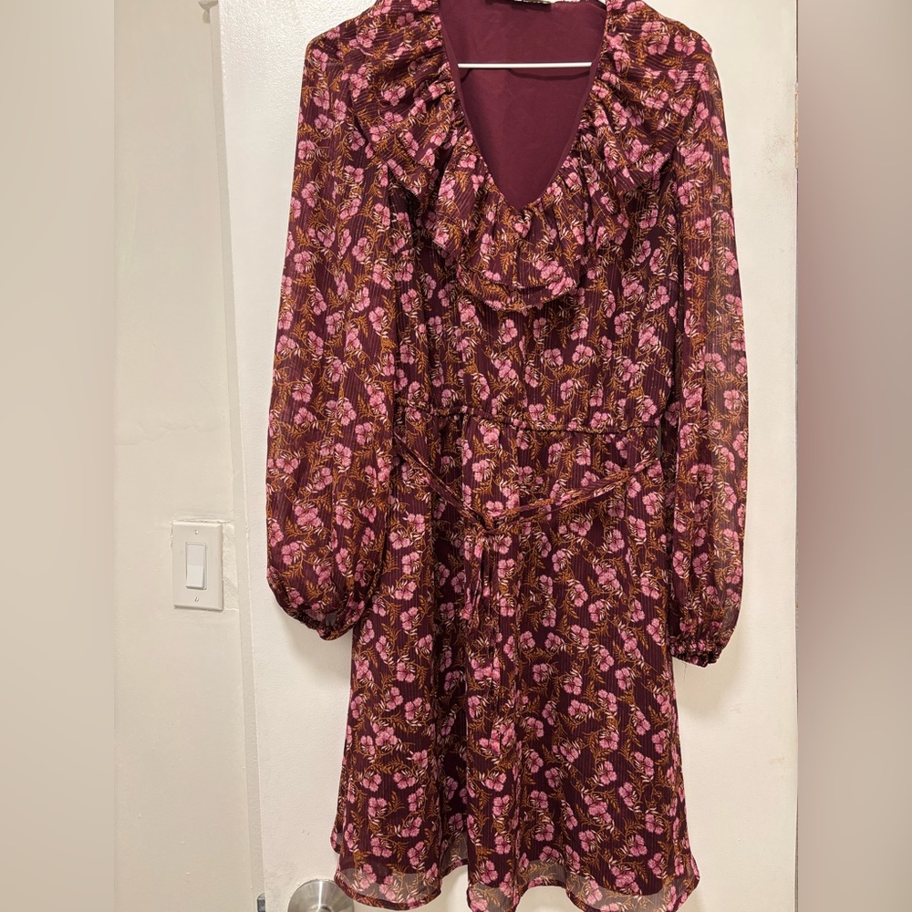 LOFT Burgundy and Pink Floral Long Sleeve Dress